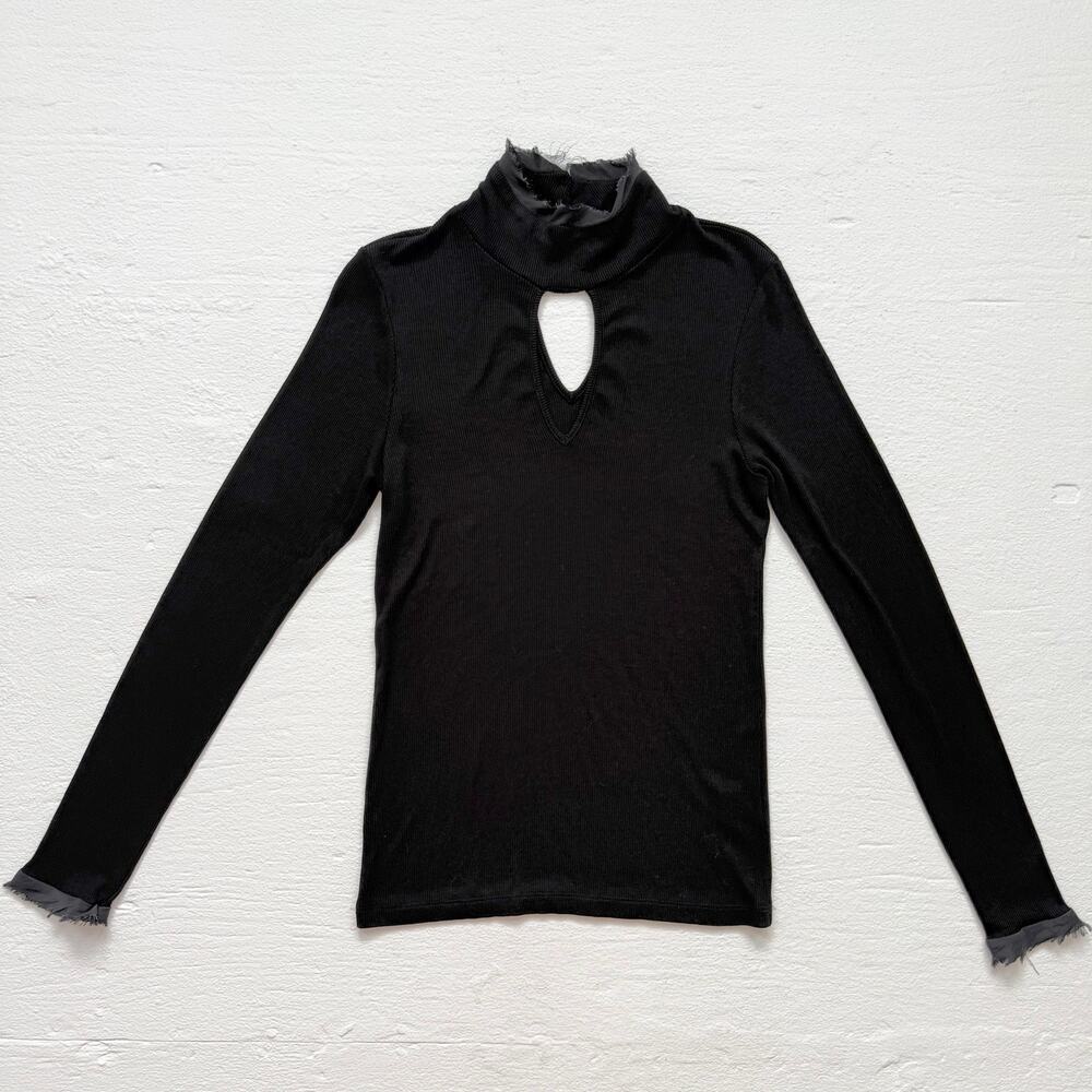 Calvin Rucker Black Ribbed Cutout Long Sleeve Top Raw Trim, Size XS